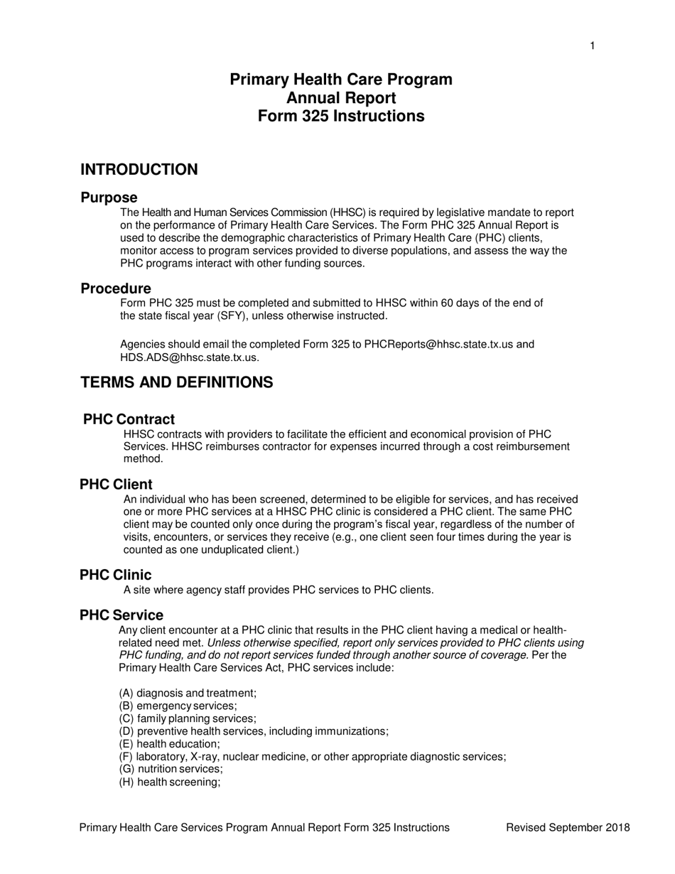 Instructions for Form 325 Primary Health Care Annual Reporting Form - Texas, Page 1