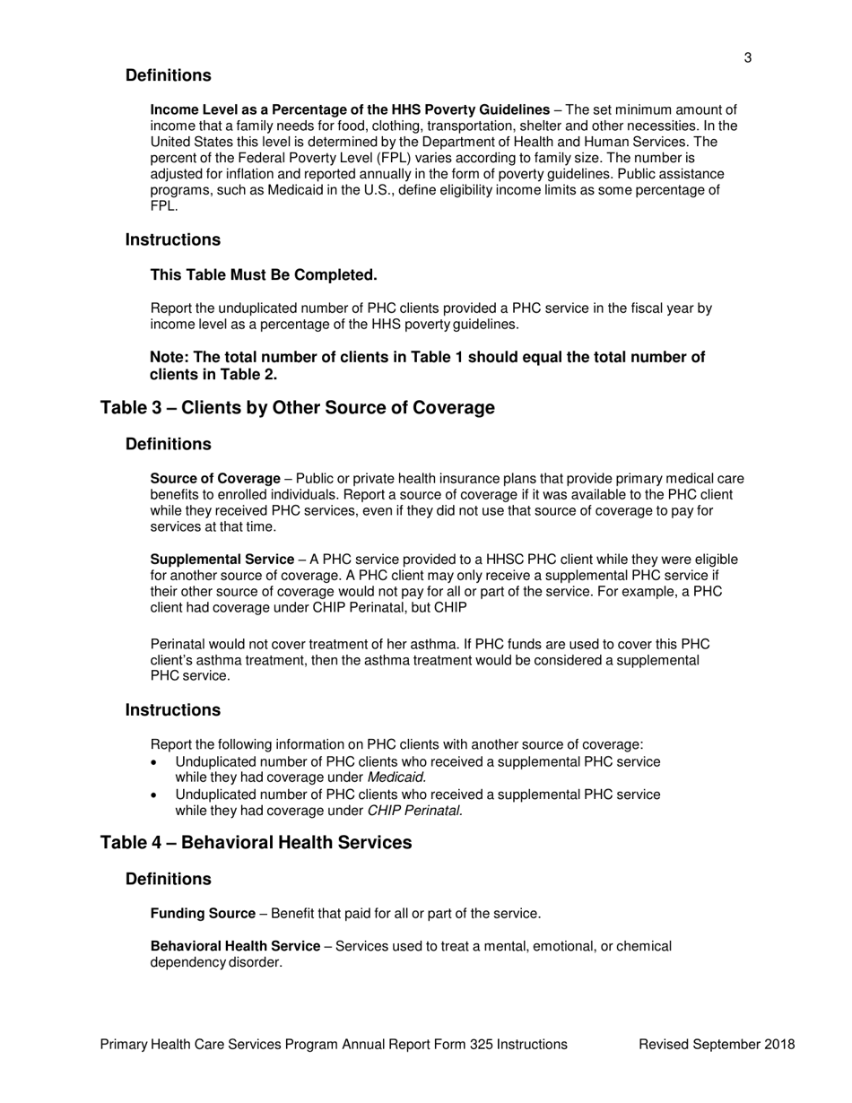 Instructions for Form 325 Primary Health Care Annual Reporting Form - Texas, Page 3