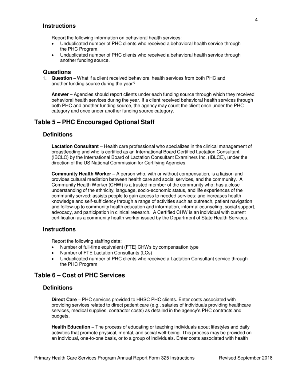 Instructions for Form 325 Primary Health Care Annual Reporting Form - Texas, Page 4