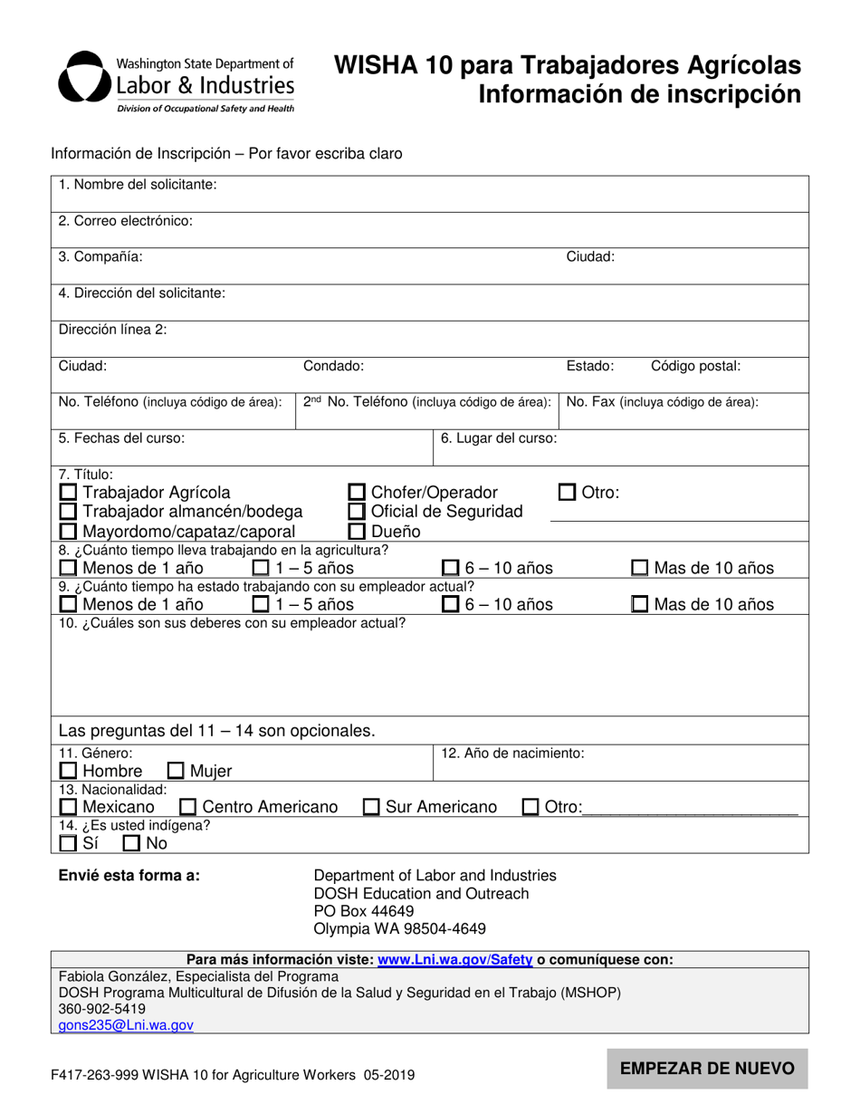 Formulario F417-263-999 Wisha 10 Para Trabajadores Agricolas Informacion De Inscripcion - Washington (Spanish), Page 2