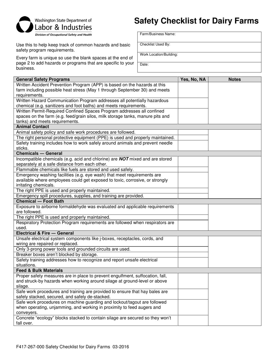Form F417-267-000 Safety Checklist for Dairy Farms - Washington, Page 1