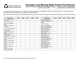 Document preview: Form F621-118-000 Escalator and Moving Walk Period Test Record - Washington