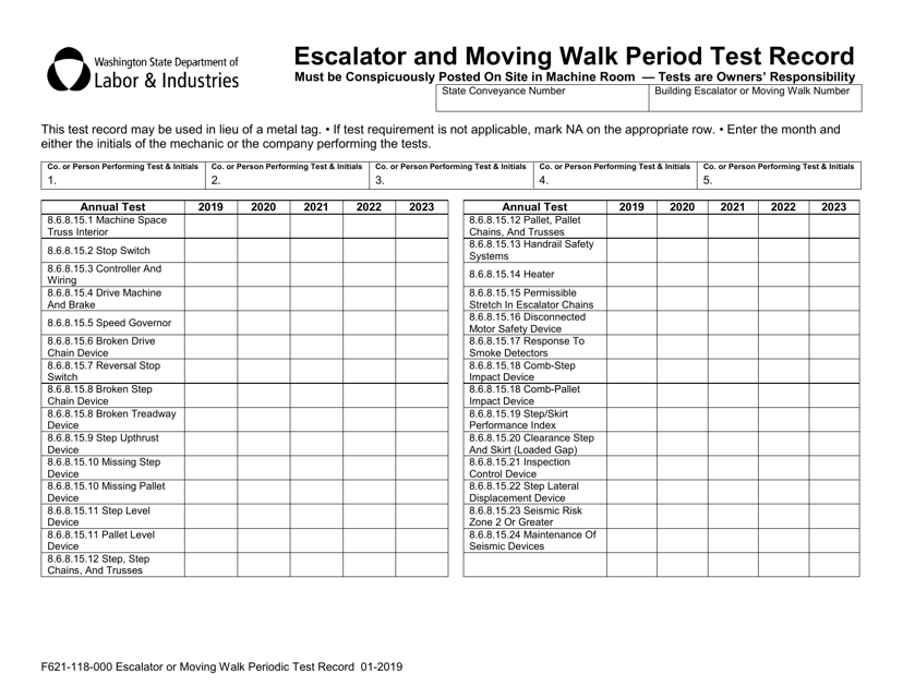 Form F621-118-000 Escalator and Moving Walk Period Test Record - Washington