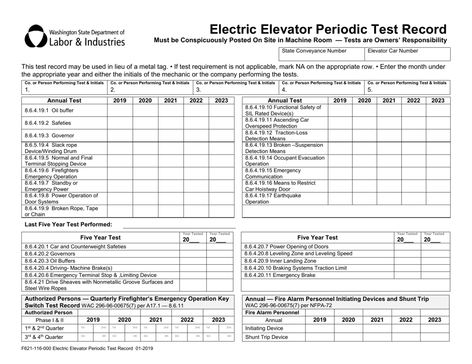 Form F621-116-000 Electric Elevator Periodic Test Record - Washington, Page 1