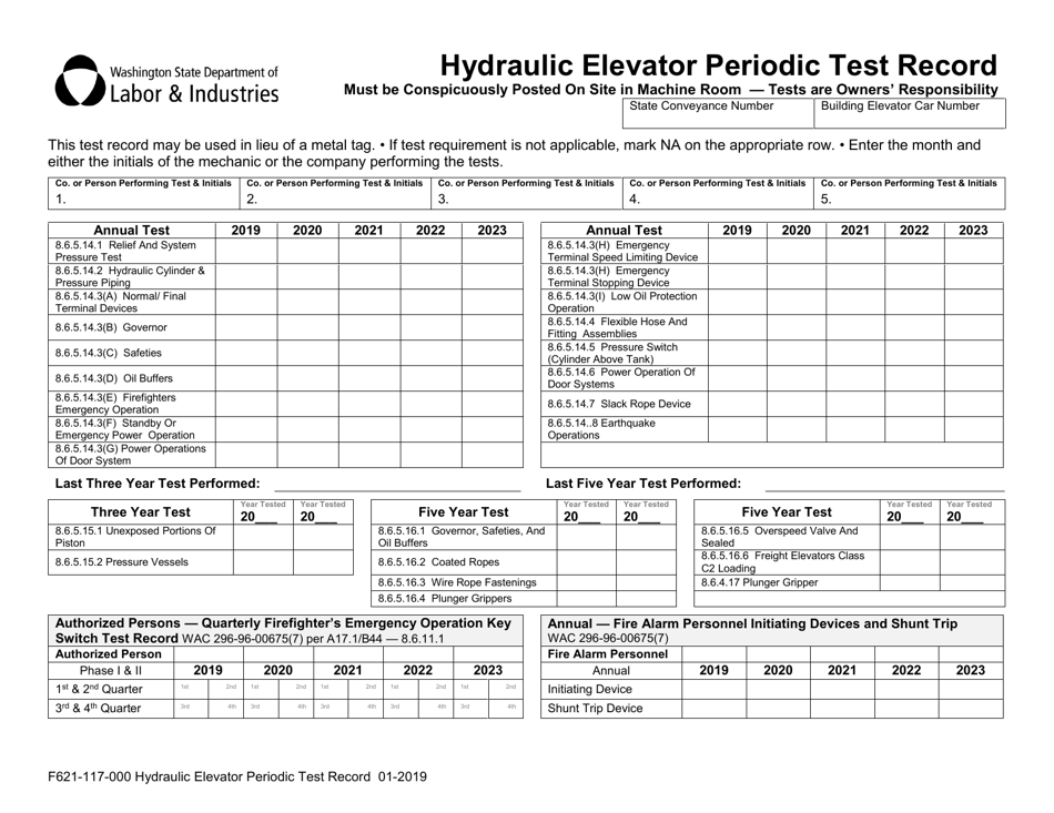 Form F621-117-000 Hydraulic Elevator Periodic Test Record - Washington, Page 1