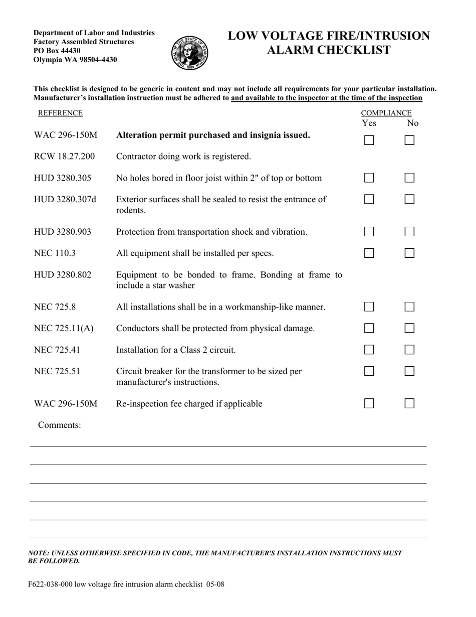 Form F622-038-000 Low Voltage Fire / Intrusion Alarm Checklist - Washington, Page 1