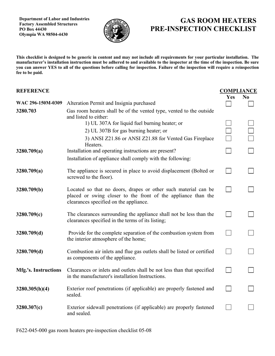 Form F622-045-000 Gas Room Heaters Pre-inspection Checklist - Washington, Page 1
