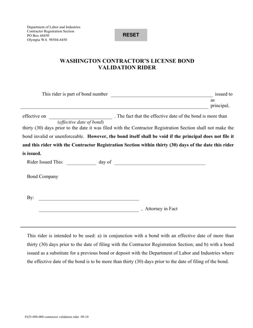 Form F625-098-000 Washington Contractor's License Bond Validation Rider - Washington