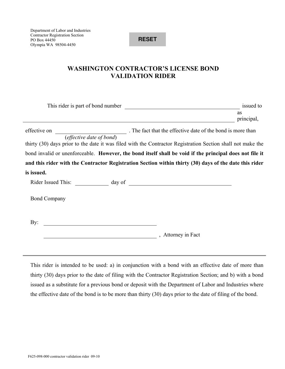 Form F625-098-000 Washington Contractors License Bond Validation Rider - Washington, Page 1