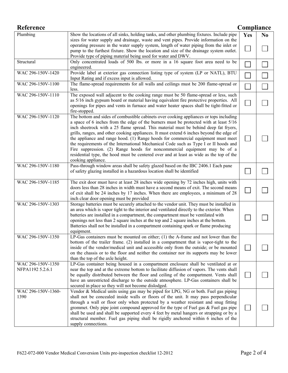 Form F622-072-000 Vendor / Medical Conversion Units Pre-inspection Checklist - Washington, Page 2