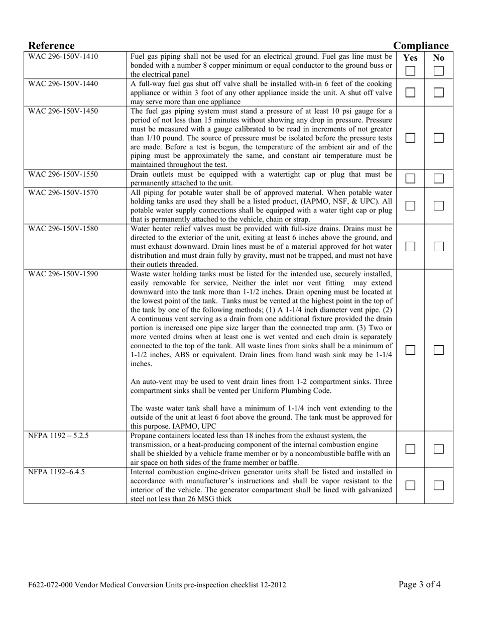 Form F622-072-000 Vendor / Medical Conversion Units Pre-inspection Checklist - Washington, Page 3