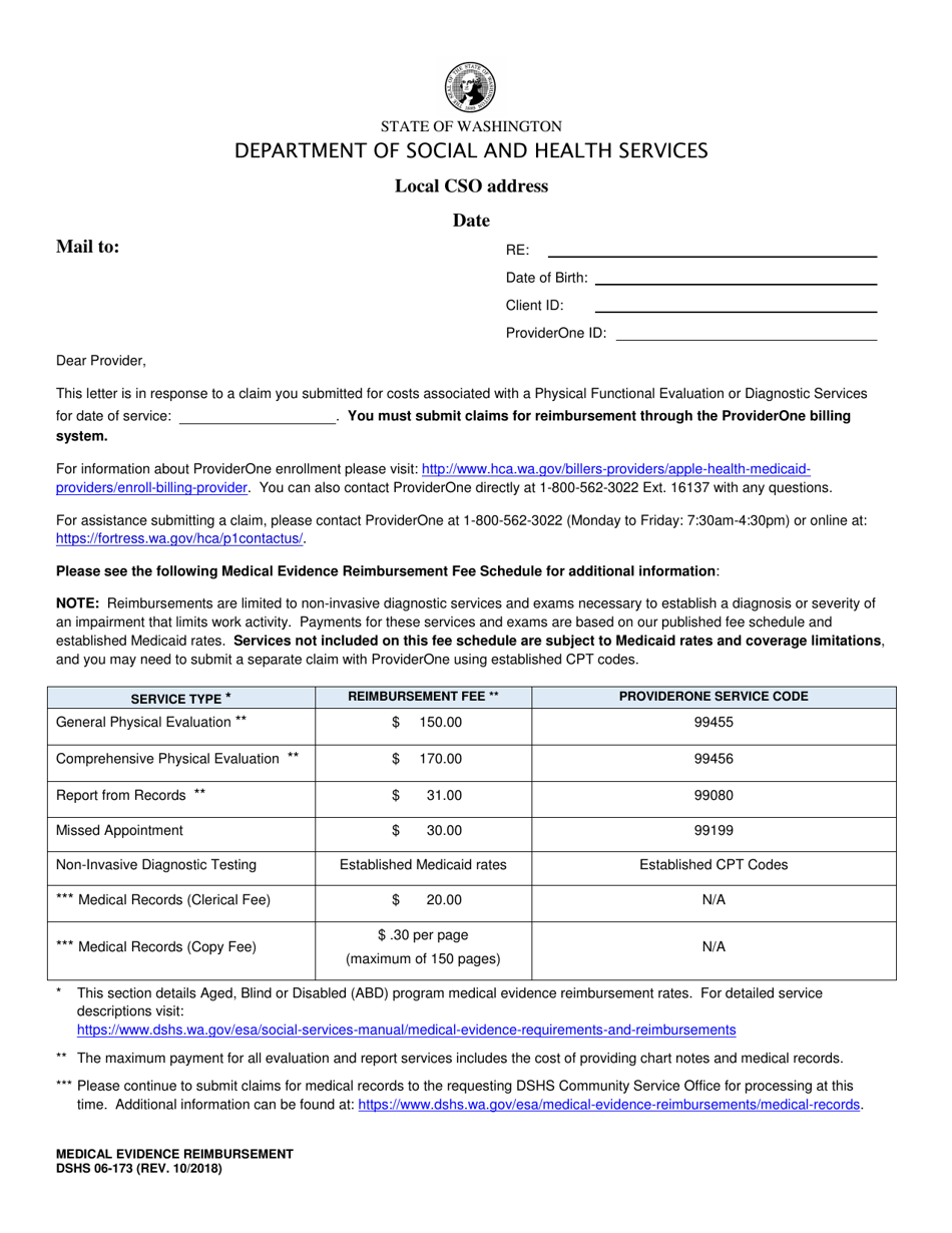 DSHS Form 06-173 Medical Evidence Reimbursement - Washington, Page 1