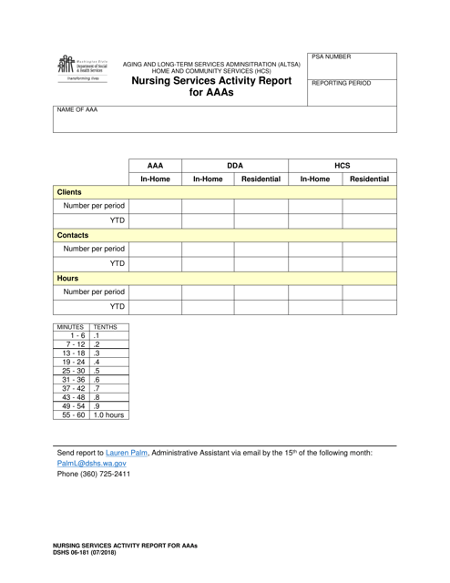 DSHS Form 06-181 Nursing Services Activity Report for Aaas - Washington