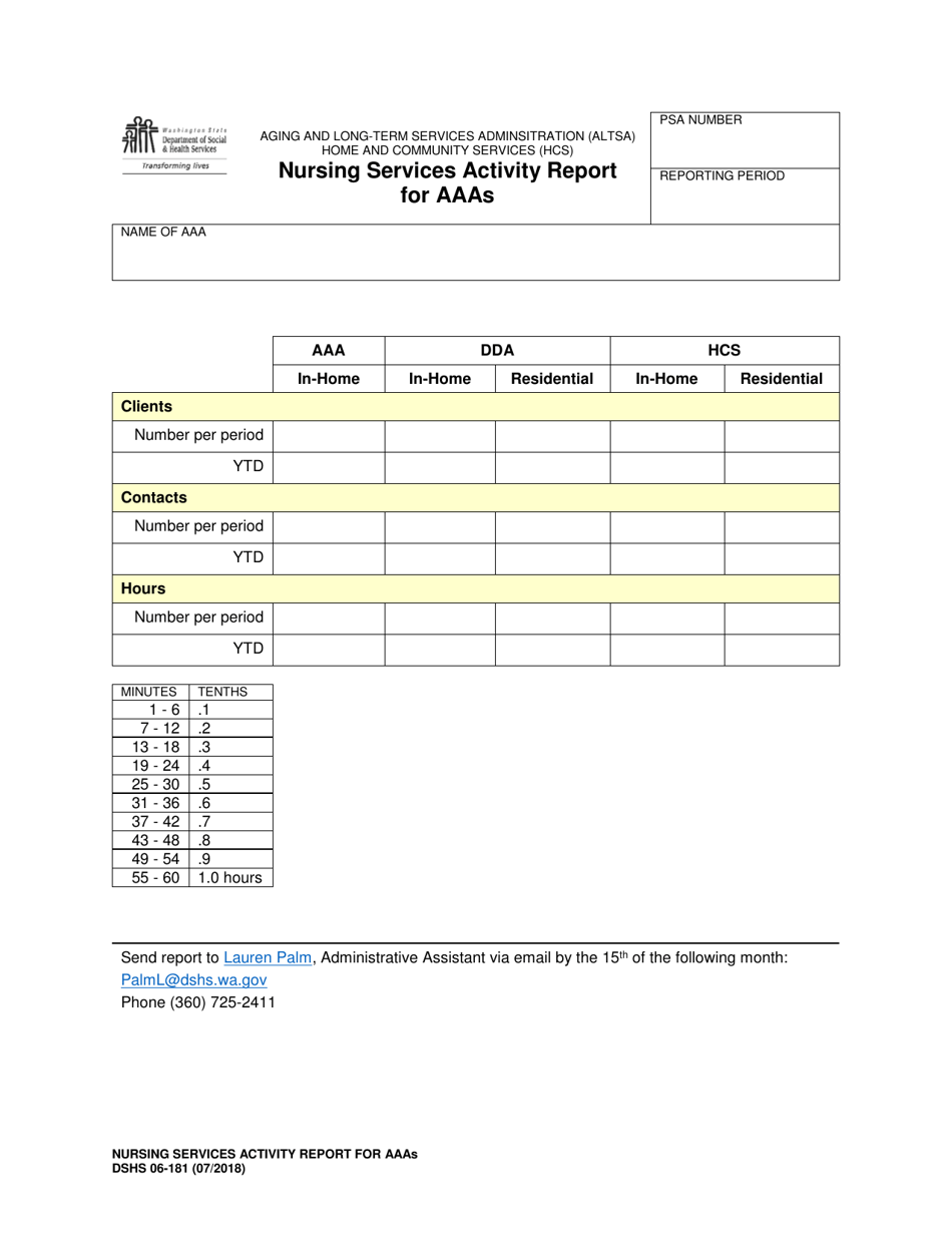 DSHS Form 06-181 Nursing Services Activity Report for Aaas - Washington, Page 1