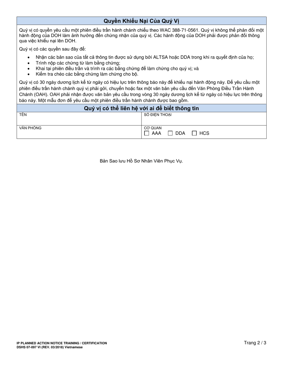 DSHS Form 07-097 Individual Provider Planned Action Notice Training / Certification - Washington (Vietnamese), Page 2