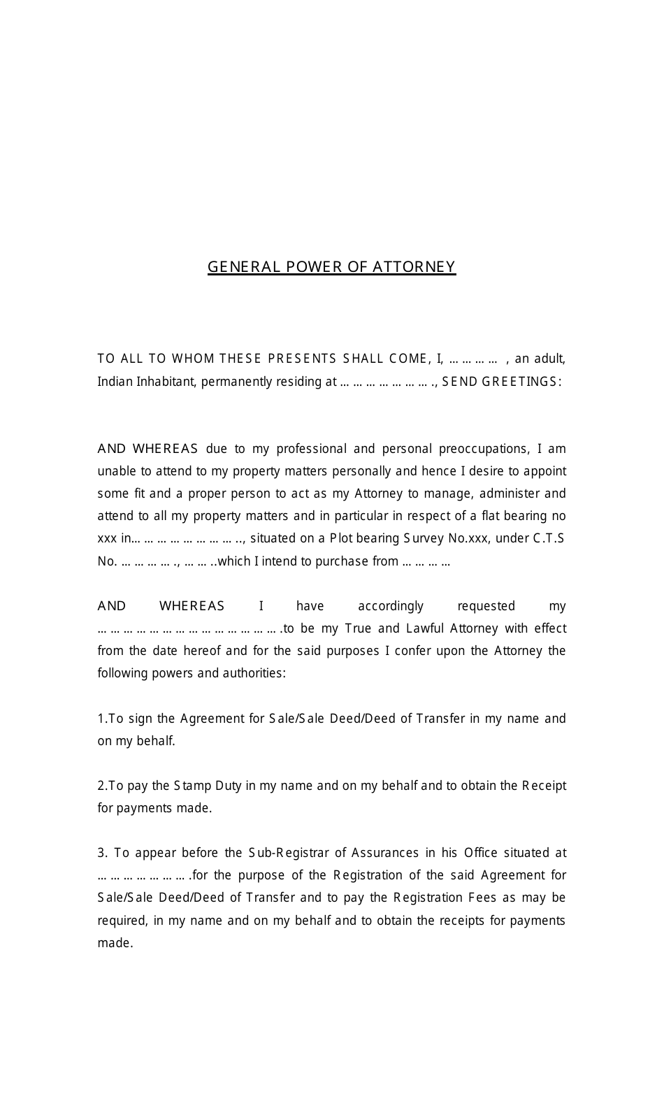 General Power of Attorney Form - Indian Inhabitant, Page 1