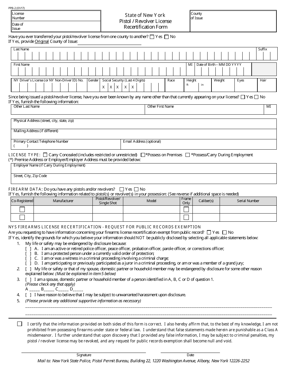 Form PPB-2 Pistol / Revolver License Recertification - New York, Page 1