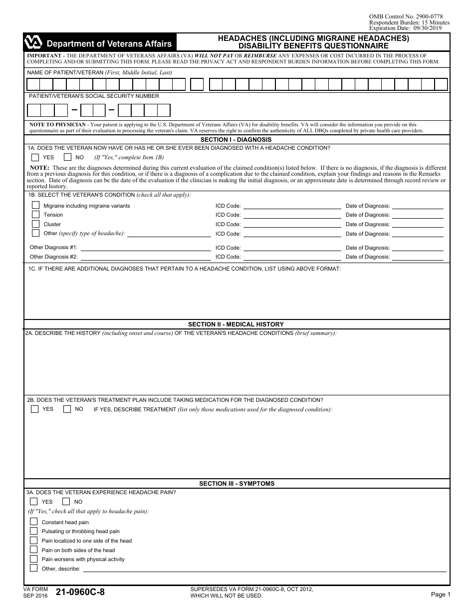 VA Form 21-0960C-8 Headaches (Including Migraine Headaches) Disability Benefits Questionnaire, Page 1