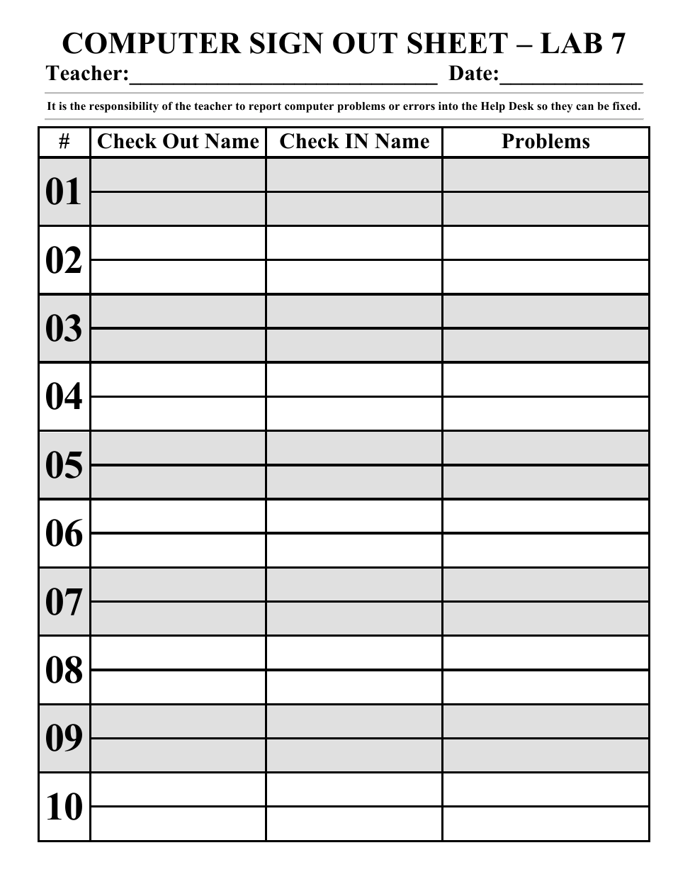 Computer Sign out Sheet Template for Teachers Download Printable PDF