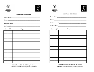Document preview: Basketball Line-Up Card Template - Special Olympics