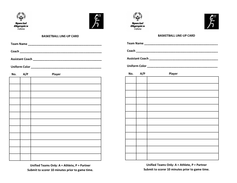 Basketball Line-Up Card Template - Special Olympics