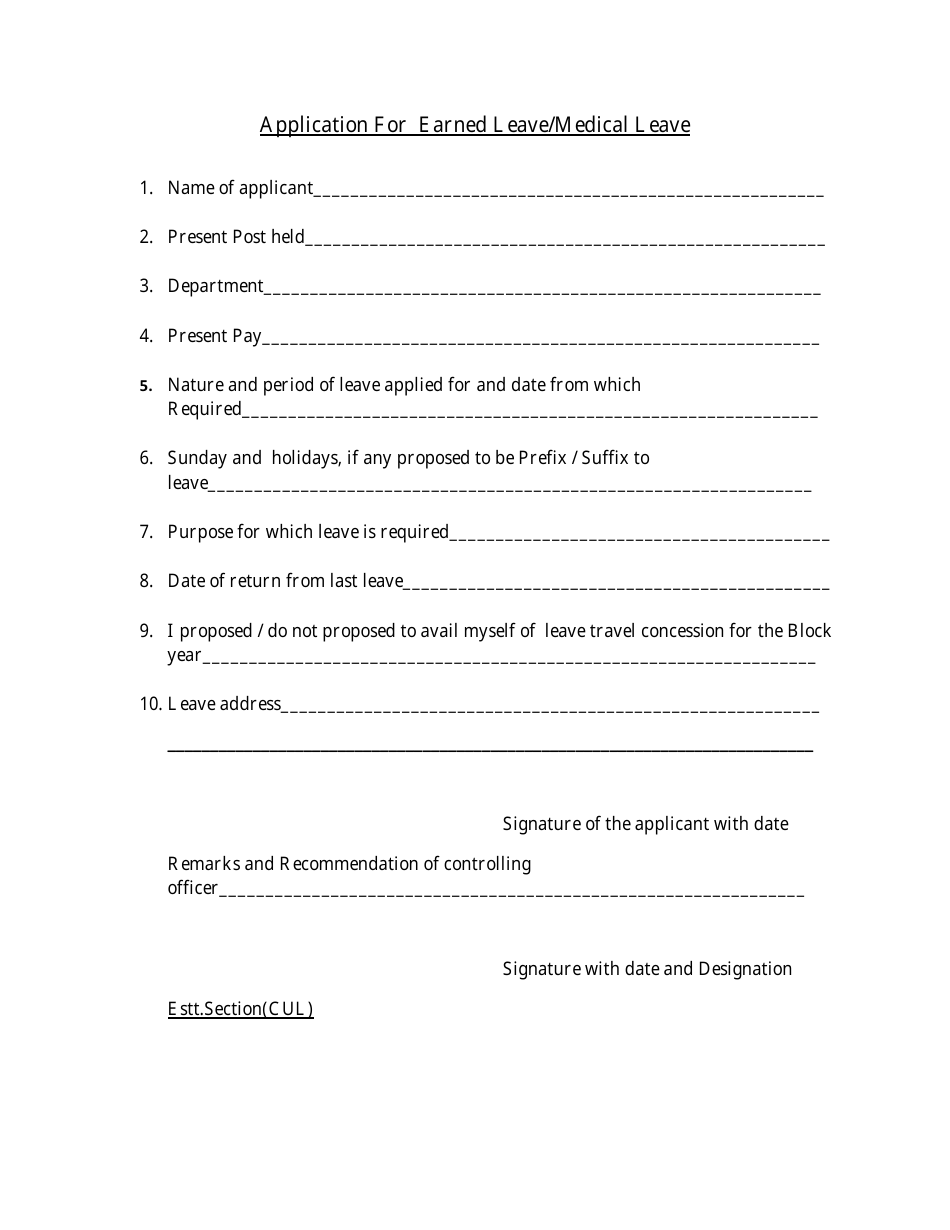 Application for Earned Leave / Medical Leave - India, Page 1