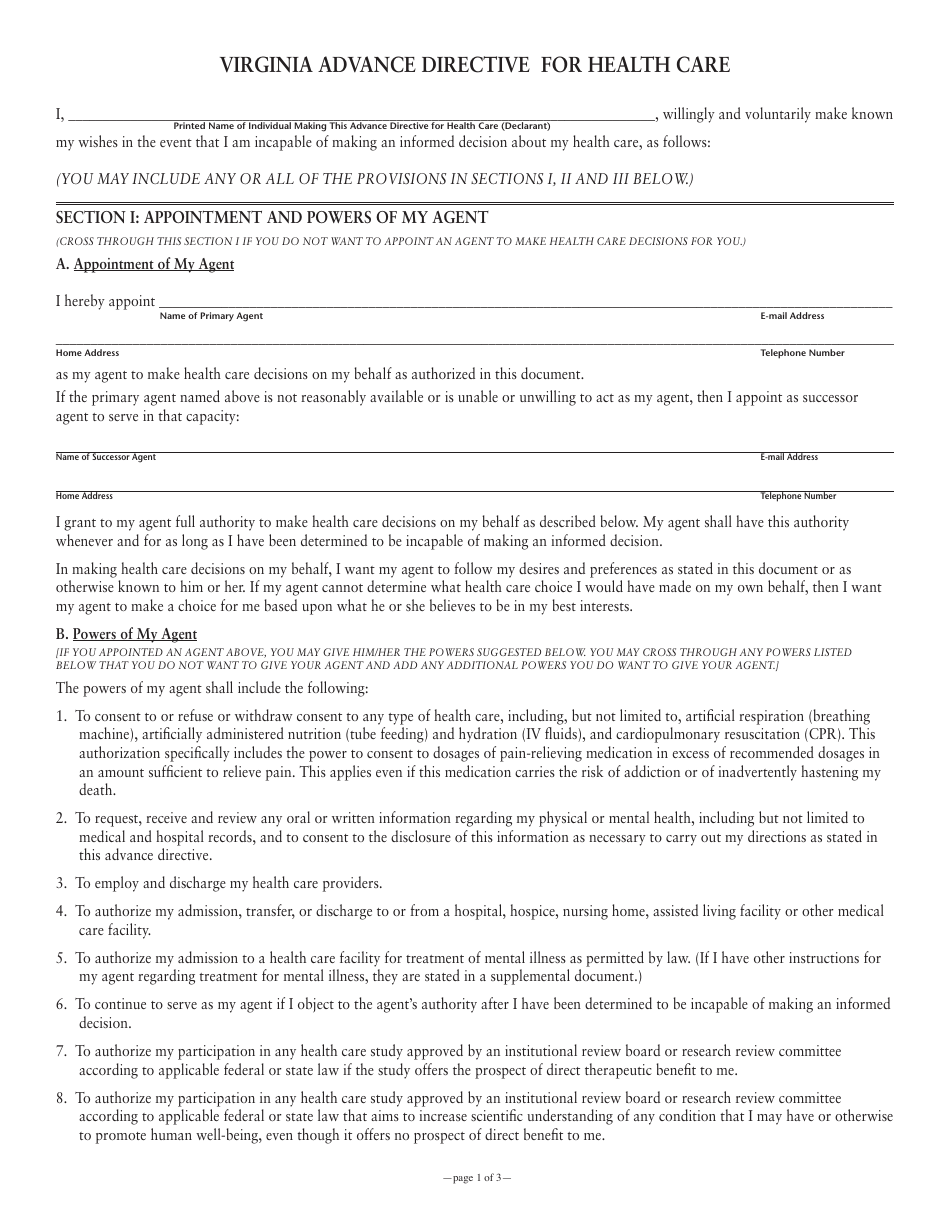 Virginia Advance Directive for Health Care Form - Virginia, Page 1