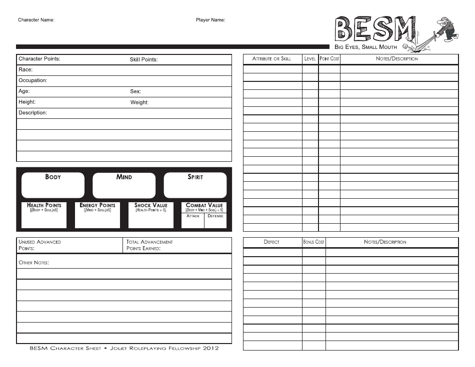 BESM Character Sheet - Free Fillable for Download