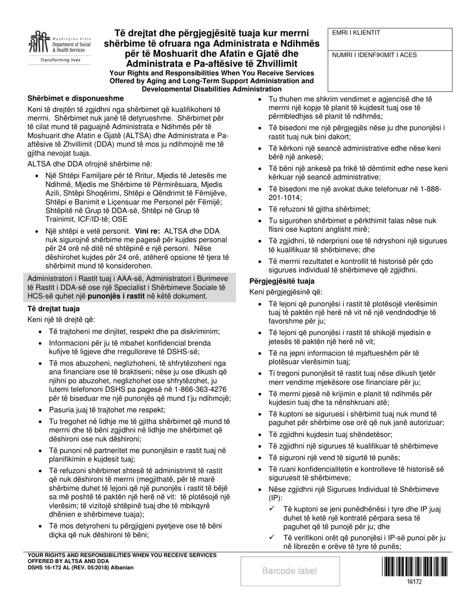 DSHS Form 16-172 Your Rights and Responsibilities When You Receive Services Offered by Aging and Long-Term Support Administration and Developmental Disabilities Administration - Washington (Albanian), Page 1
