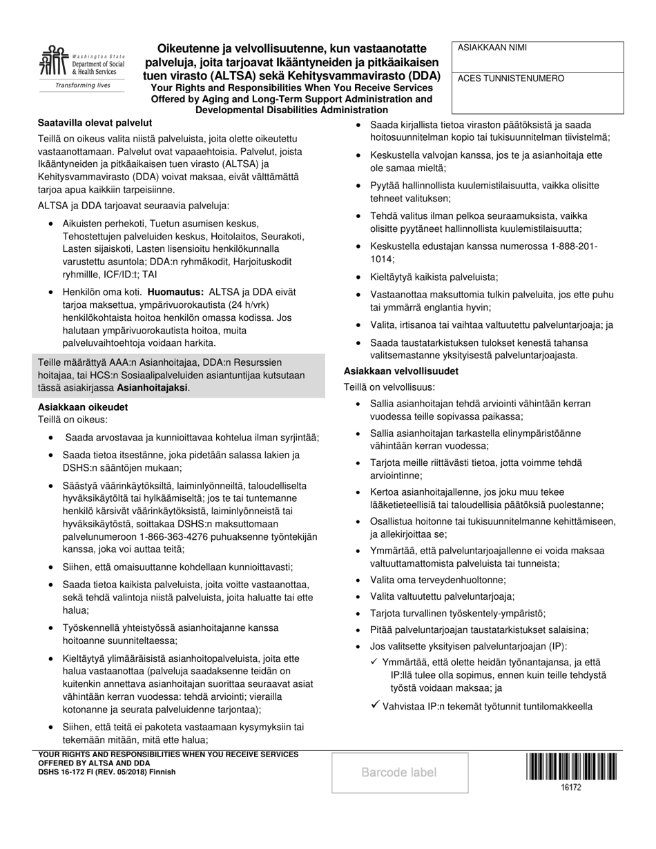 DSHS Form 16-172 Your Rights and Responsibilities When You Receive Services Offered by Aging and Long-Term Support Administration and Developmental Disabilities Administration - Washington (Finnish), Page 1