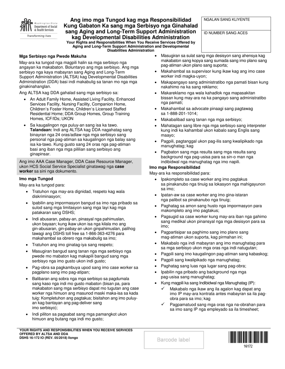 DSHS Form 16-172 Your Rights and Responsibilities When You Receive Services Offered by Aging and Long-Term Support Administration and Developmental Disabilities Administration - Washington (Ilongo), Page 1
