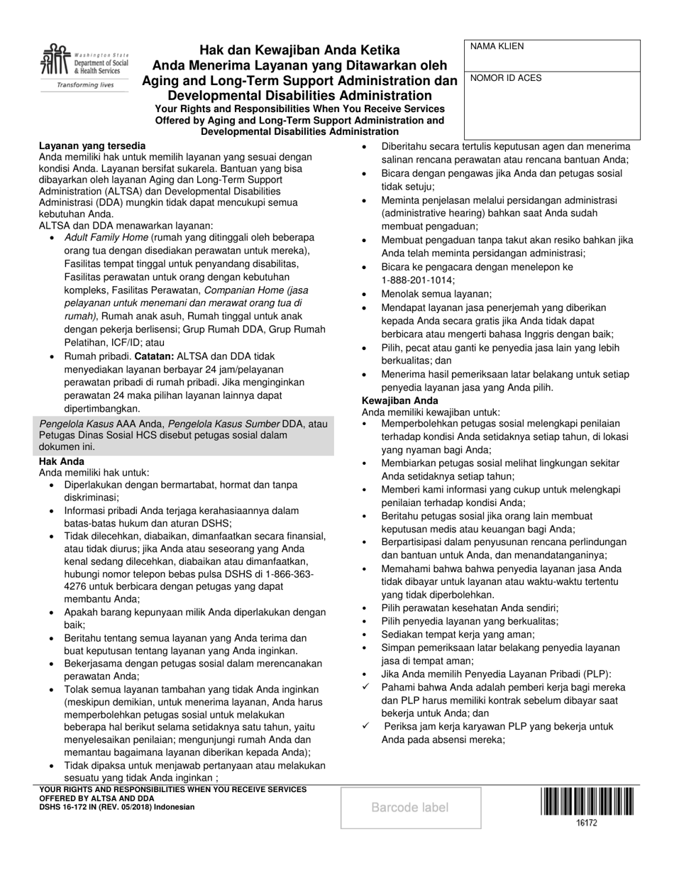 DSHS Form 16-172 Your Rights and Responsibilities When You Receive Services Offered by Aging and Long-Term Support Administration and Developmental Disabilities Administration - Washington (Indonesian (Bahasa Indonesia)), Page 1