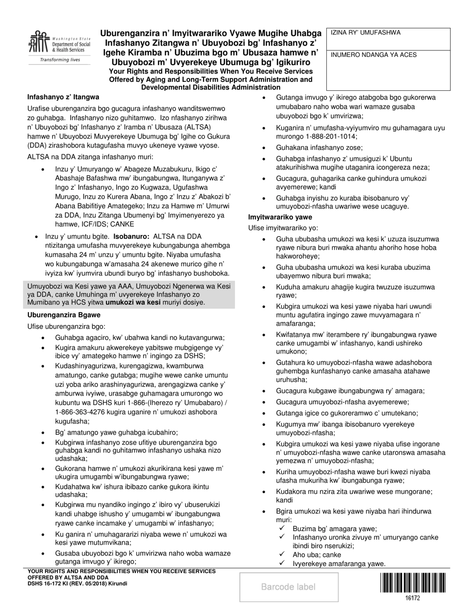 DSHS Form 16-172 Your Rights and Responsibilities When You Receive Services Offered by Aging and Long-Term Support Administration and Developmental Disabilities Administration - Washington (Kirundi), Page 1