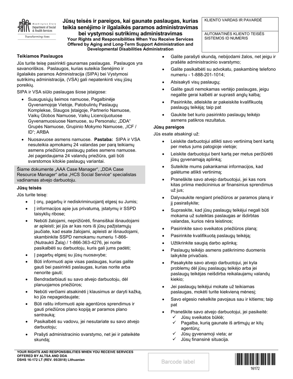 DSHS Form 16-172 Your Rights and Responsibilities When You Receive Services Offered by Aging and Long-Term Support Administration and Developmental Disabilities Administration - Washington (Lithuanian), Page 1