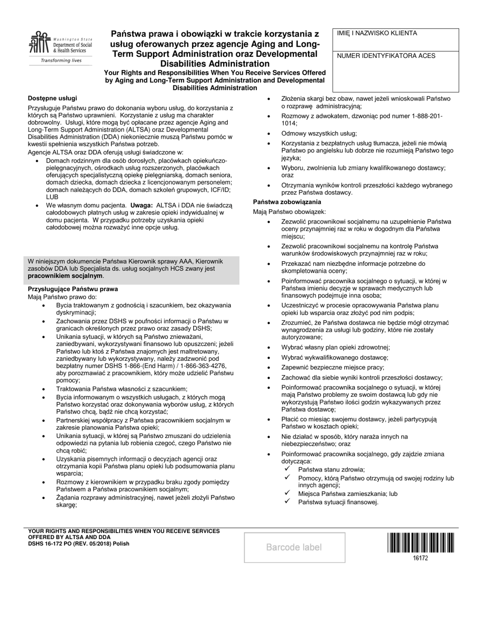 DSHS Form 16-172 Your Rights and Responsibilities When You Receive Services Offered by Aging and Long-Term Support Administration and Developmental Disabilities Administration - Washington (Polish), Page 1
