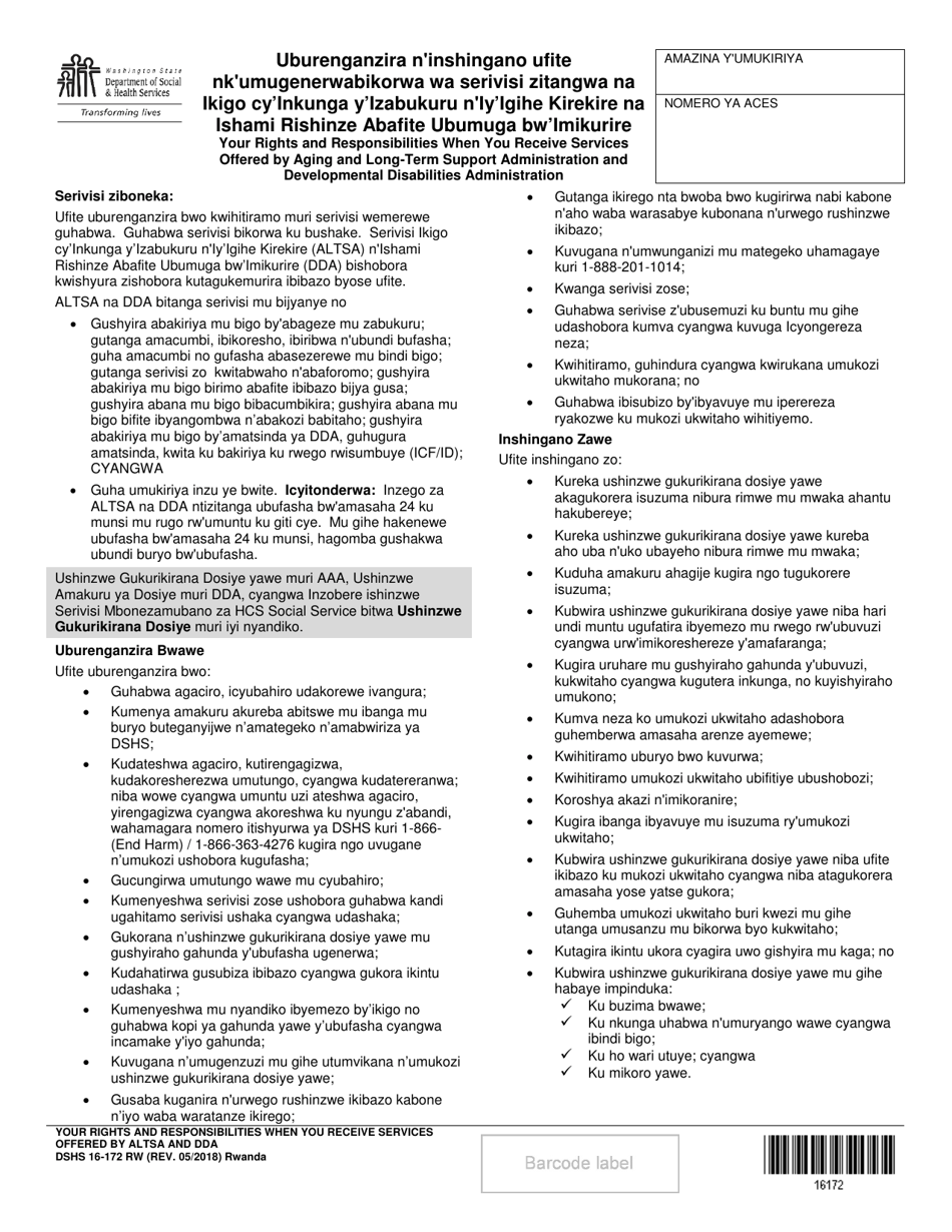 DSHS Form 16-172 Your Rights and Responsibilities When You Receive Services Offered by Aging and Long-Term Support Administration and Developmental Disabilities Administration - Washington (Rwanda), Page 1