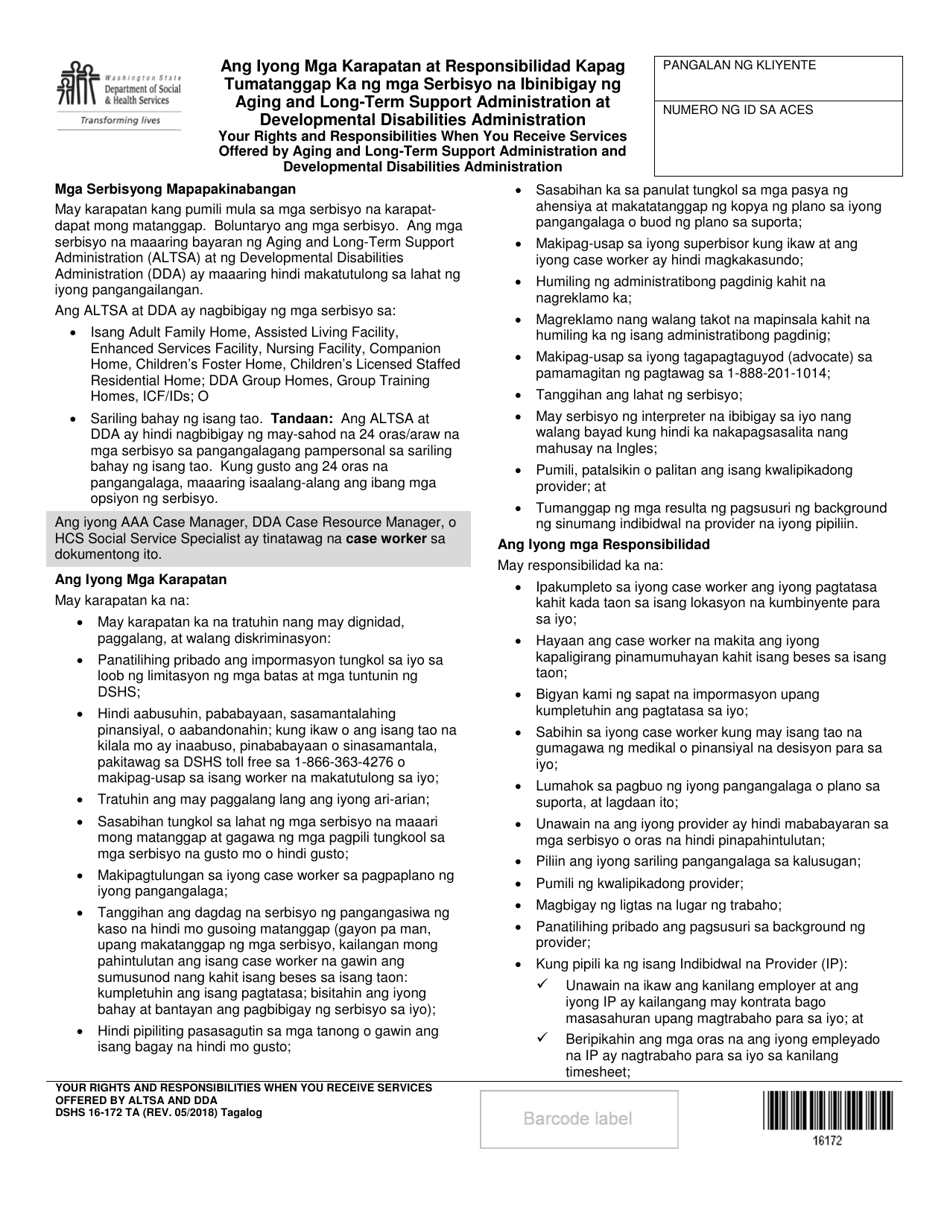 DSHS Form 16-172 Your Rights and Responsibilities When You Receive Services Offered by Aging and Long-Term Support Administration and Developmental Disabilities Administration - Washington (Tagalog), Page 1