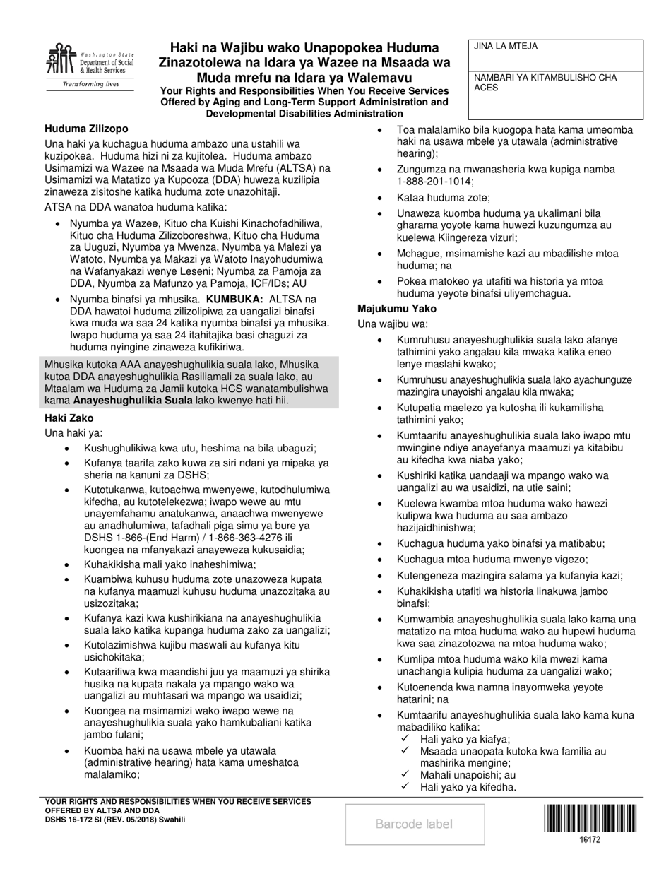 DSHS Form 16-172 Your Rights and Responsibilities When You Receive Services Offered by Aging and Disability Services Administration and Developmental Disabilities Administration - Washington (Swahili), Page 1