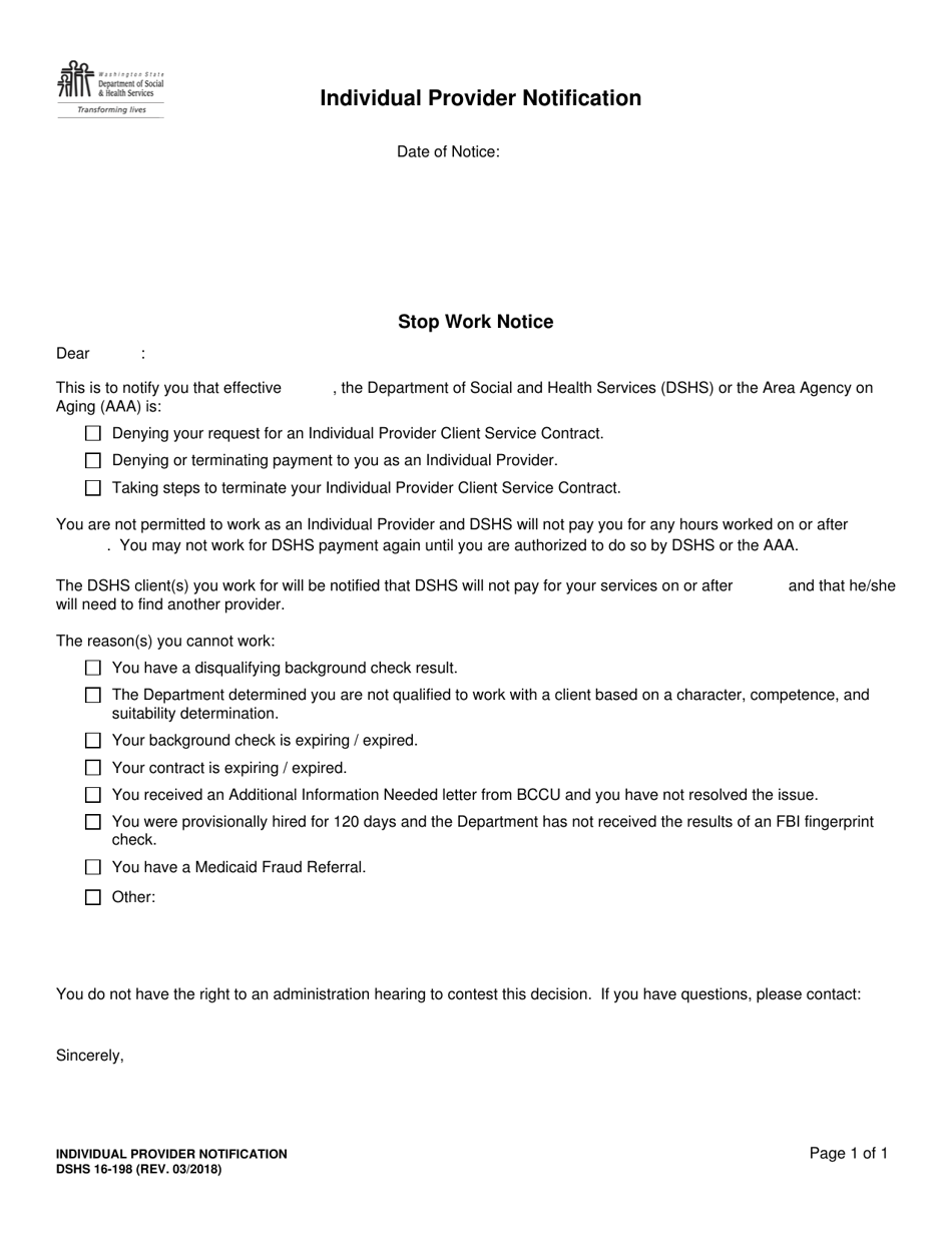 DSHS Form 16-198 Individual Provider Notification: Stop Work Notice - Washington, Page 1