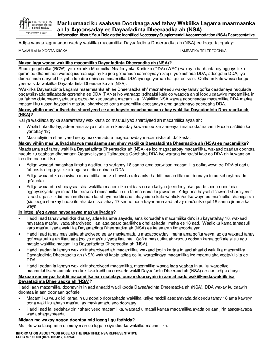 DSHS Form 16-195 Information About Your Role as the Identified Necessary Supplemental Accommodation (Nsa) Representative - Washington (Somali), Page 1