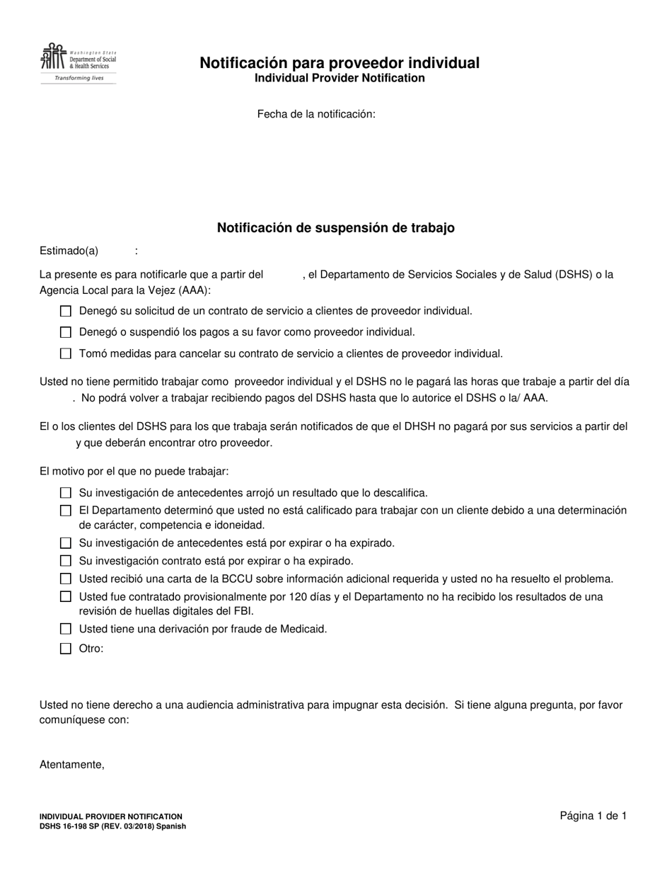 DSHS Formulario 16-198 SP Notificacion Para Proveedor Individual - Washington (Spanish), Page 1