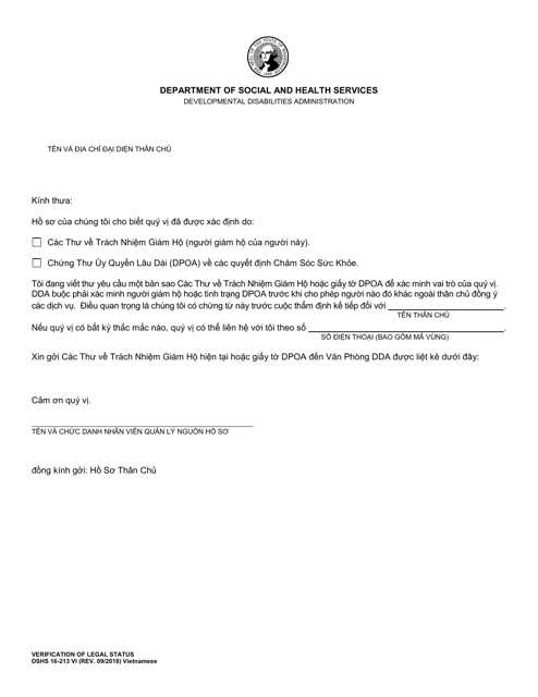 DSHS Form 16-213 Verification of Legal Status - Washington (Vietnamese)