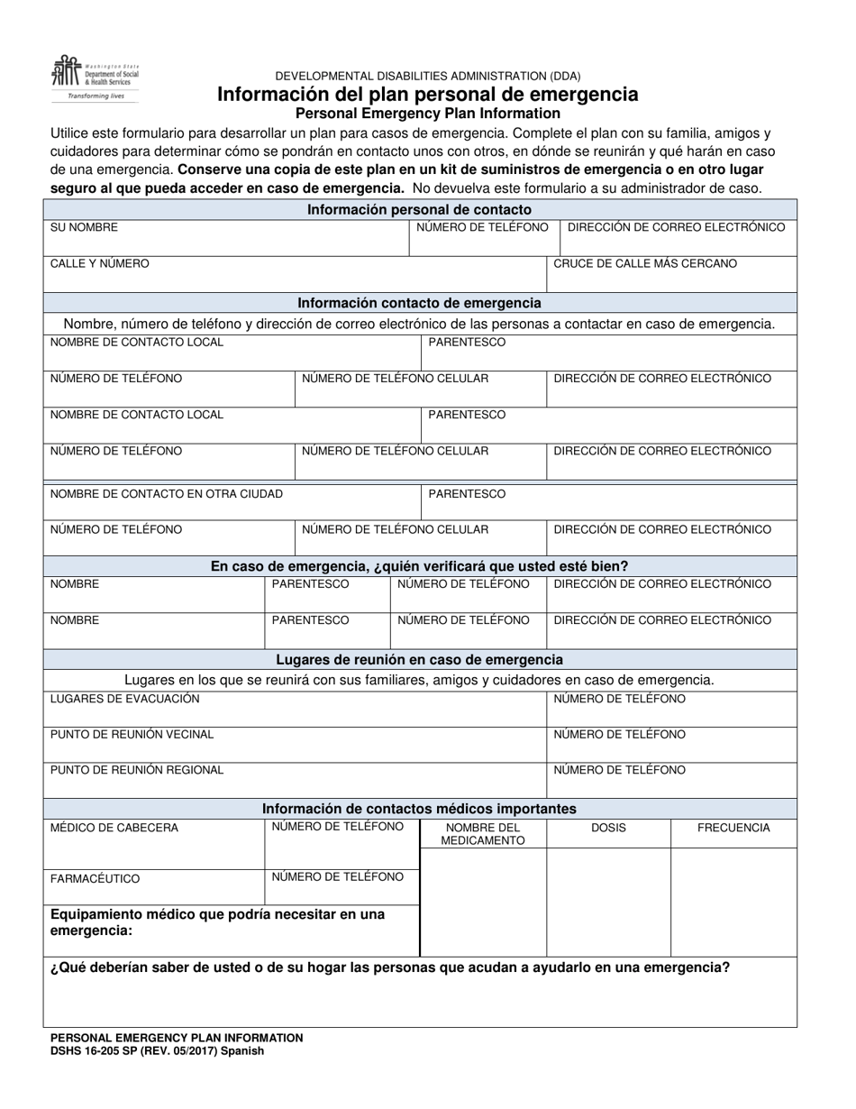 DSHS Formulario 16-205 Informacion Del Plan Personal De Emergencia - Washington (Spanish), Page 1