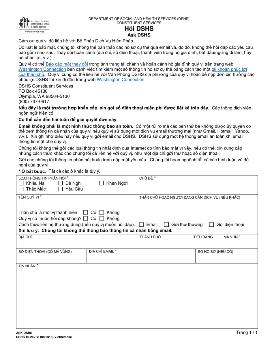 DSHS Form 16-242 Ask Dshs - Washington (Vietnamese), Page 1