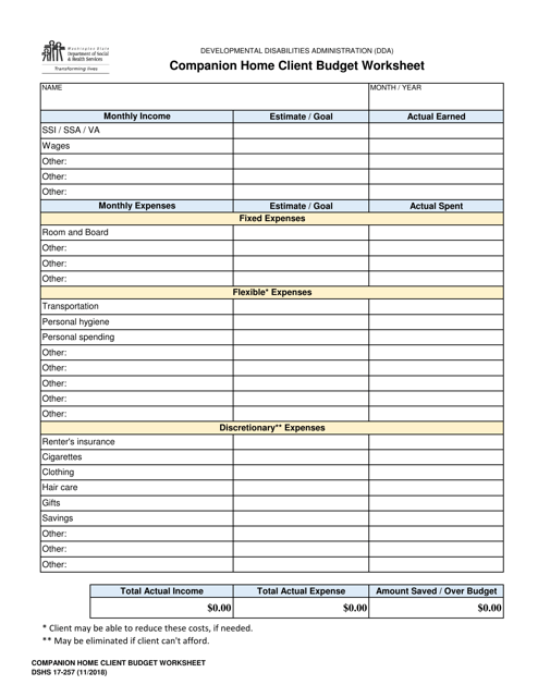 DSHS Form 17-257 Companion Home Client Budget Worksheet - Washington