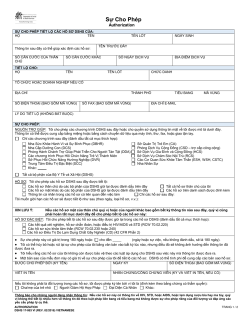 DSHS Form 17-063 Authorization - Washington (Vietnamese)