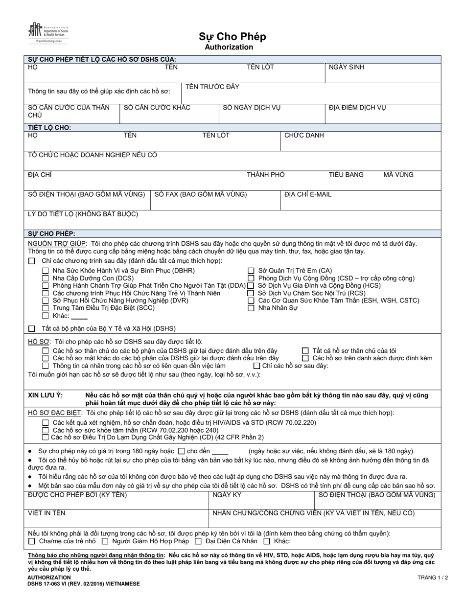 DSHS Form 17-063 Authorization - Washington (Vietnamese), Page 1