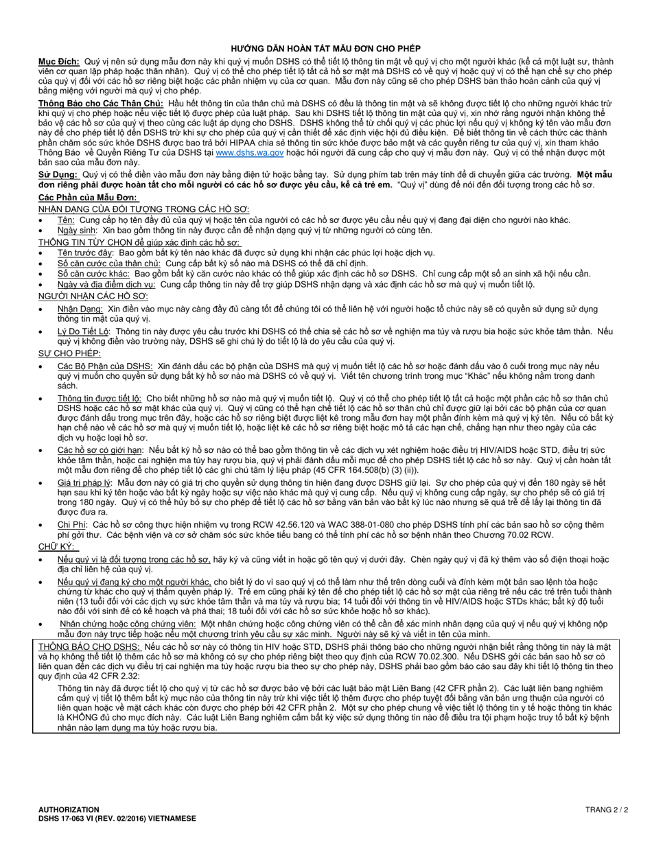 DSHS Form 17-063 Authorization - Washington (Vietnamese), Page 2