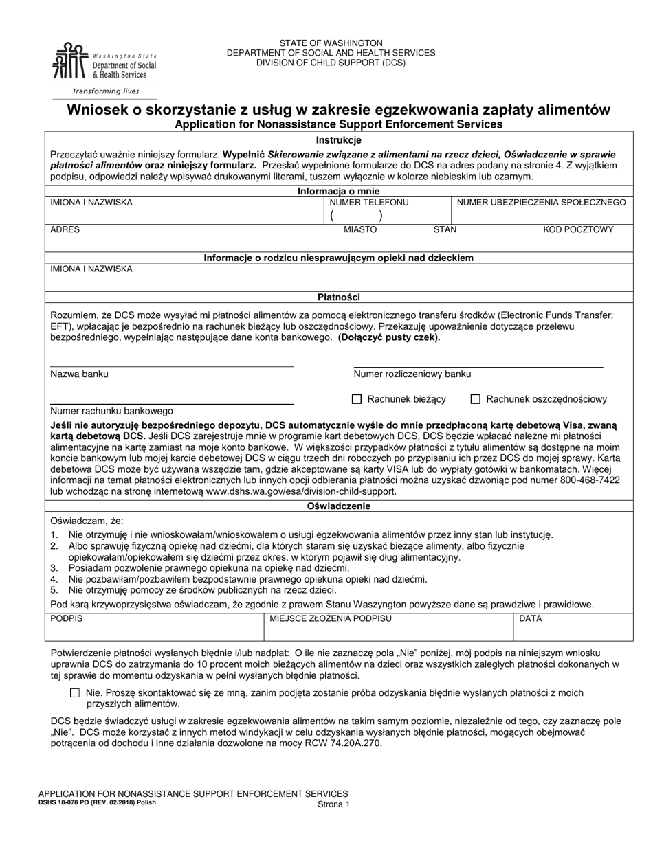 DSHS Form 18-078 Application for Nonassistance Support Enforcement Services - Washington (Polish), Page 1