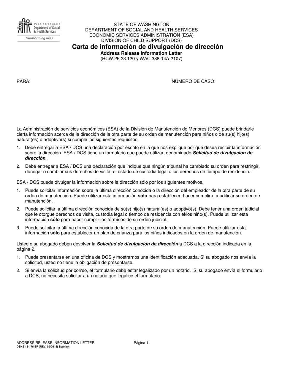 DSHS Formulario 18-176 SP Carta De Informacion De Divulgacion De Direccion - Washington (Spanish), Page 1